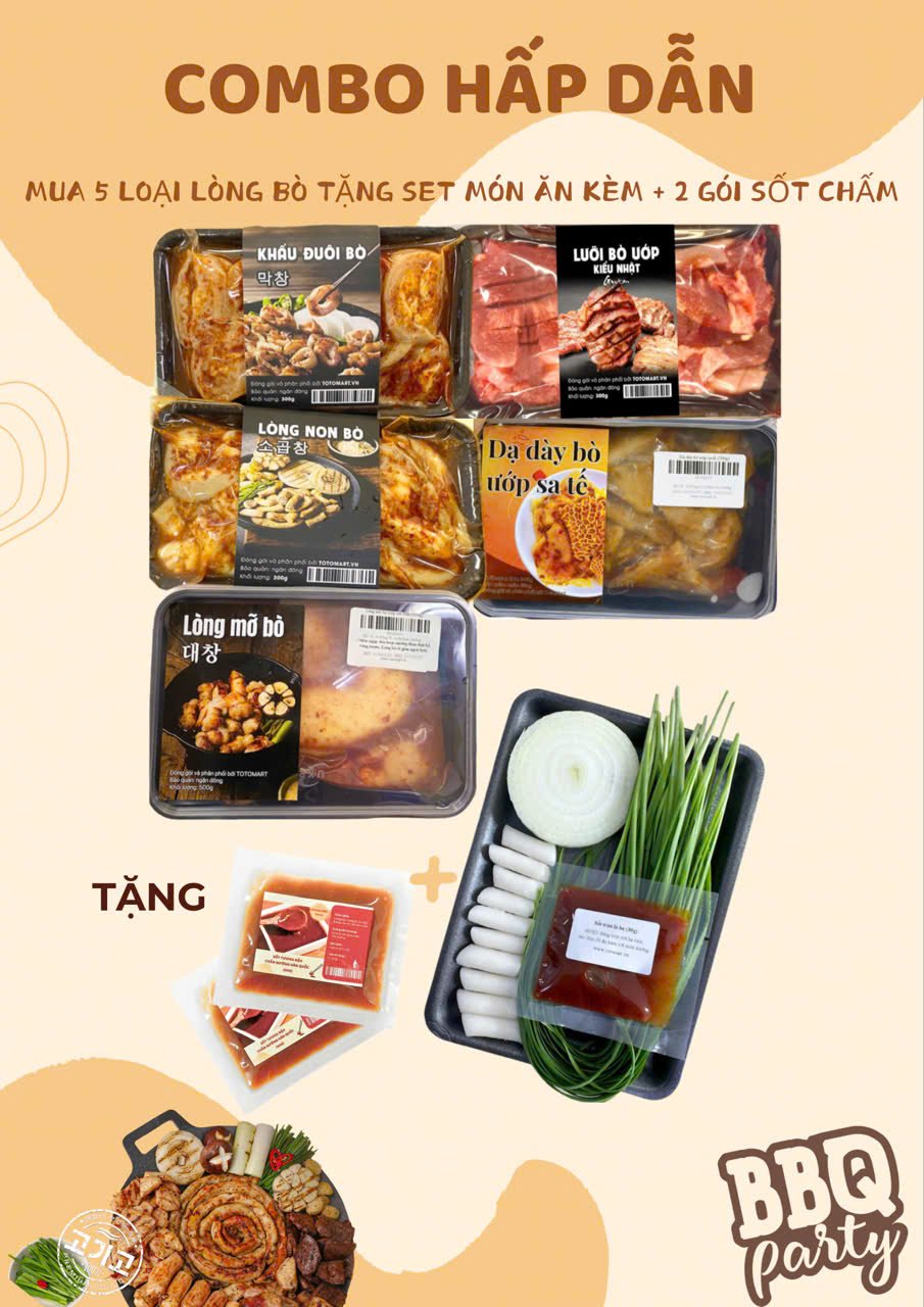 Combo 5 loại Lòng bò nướng, Tặng Set ăn kèm + 2 gói sốt chấm