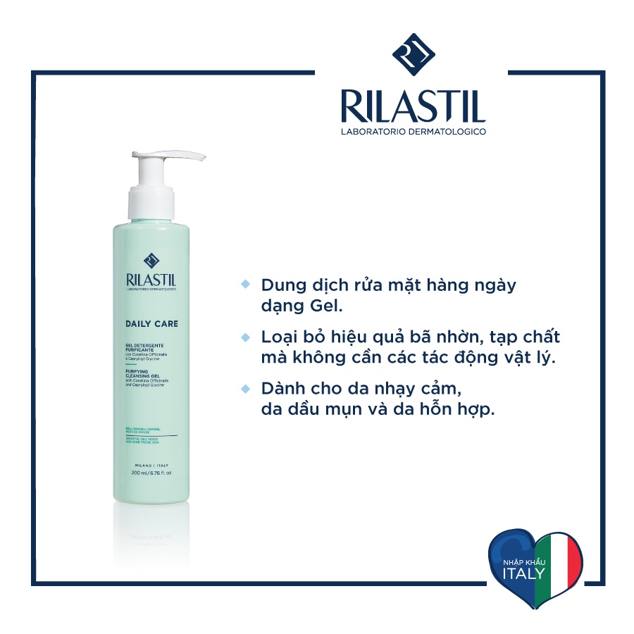 Gel Rửa Mặt Cho Da Dầu Nhờn, Da Hỗn Hợp Rilastil Daily Care Purifying Cleansing Gel 200Ml