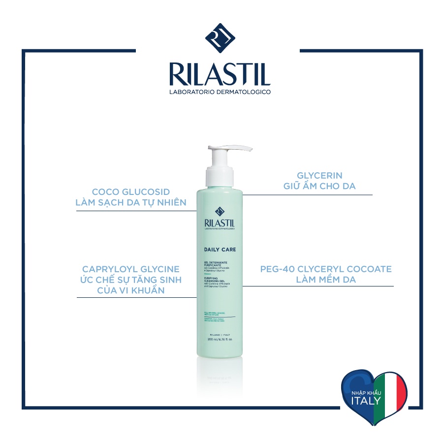 Gel Rửa Mặt Cho Da Dầu Nhờn, Da Hỗn Hợp Rilastil Daily Care Purifying Cleansing Gel 200Ml
