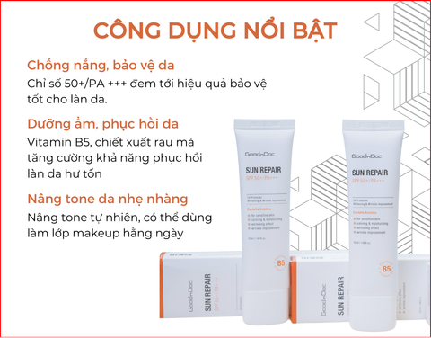 Kem Chống Nắng GoodnDoc Sun Repair SPF50/PA+++ 50ml - Dưỡng Ẩm, Phục Hồi Da