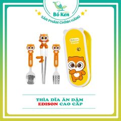 Set tập ăn 3 món [Thìa, Dĩa, Đũa xỏ ngón] Edison, hình cú mèo [Tay phải]