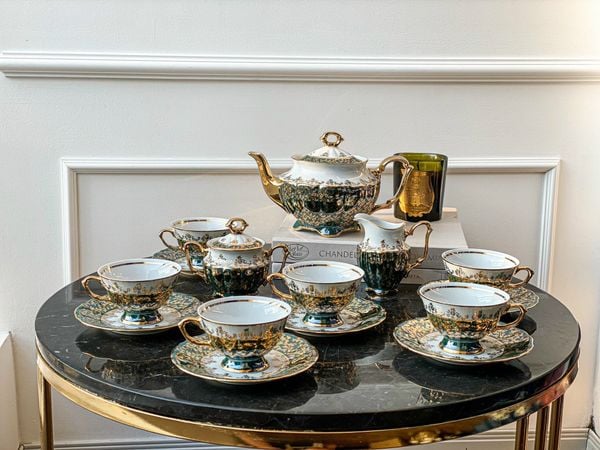  Bộ cà phê sứ Tiệp dây vàng xanh lá 
