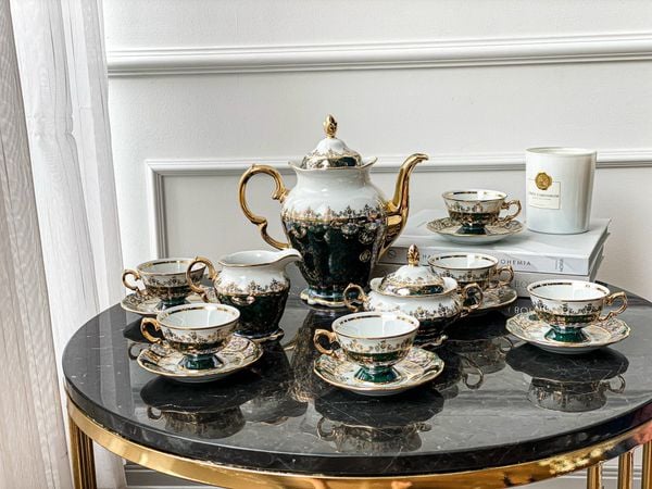  Bộ trà sứ Tiệp dây vàng xanh lá 