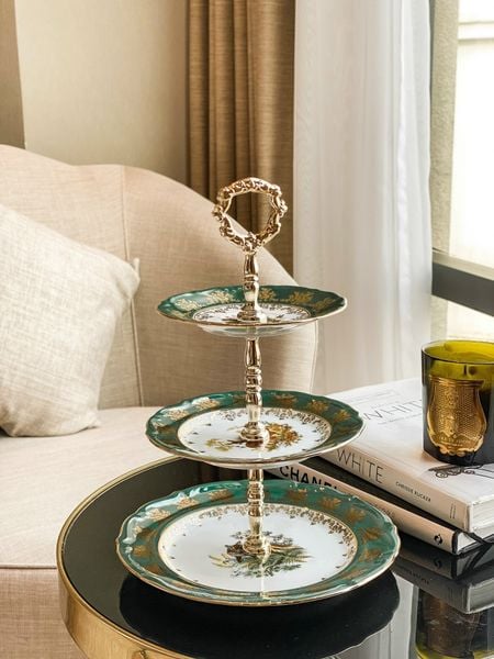  Đĩa 3 tầng sứ Tiệp con thú xanh lá 