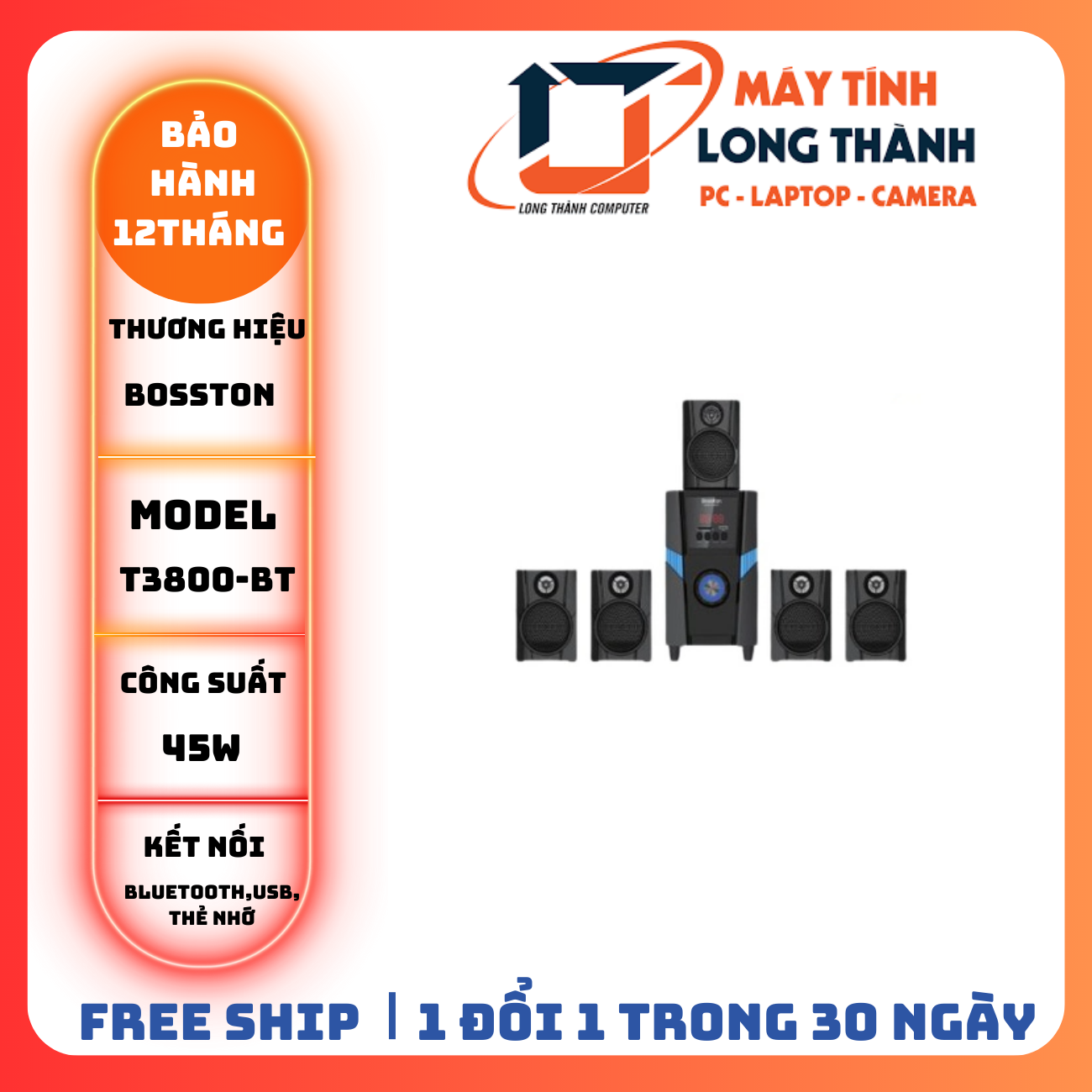 Loa 5.1 BOSSTON T3800-BT – LED RGB (Bluetooth, USB, Thẻ nhớ, 220V)