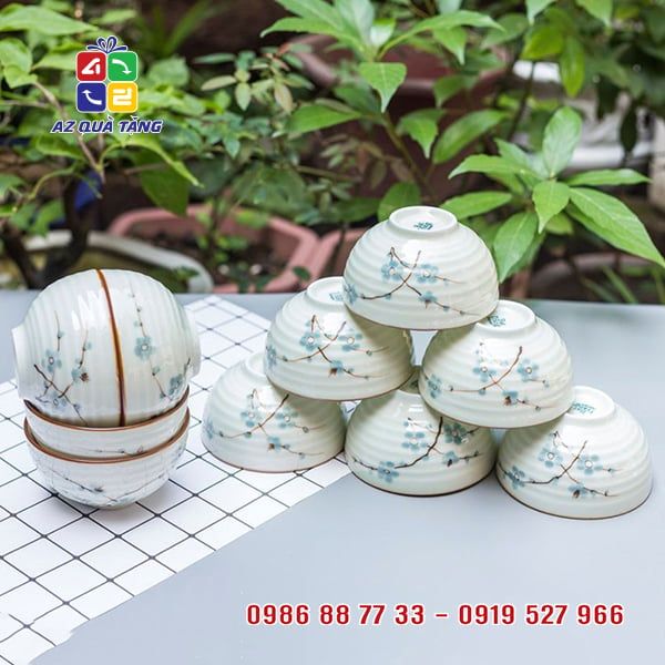 Bộ 10 Bát Cơm Tráng Men Hoa Đào Xanh