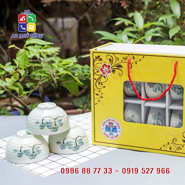 Bộ 10 Bát Cơm Tráng Men Hoa Sen Xanh