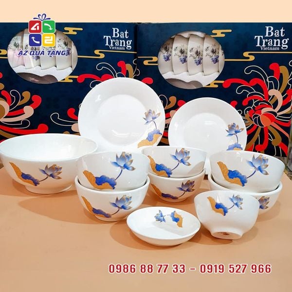 Bộ Bát Đĩa Hoa Sen Vàng Xanh