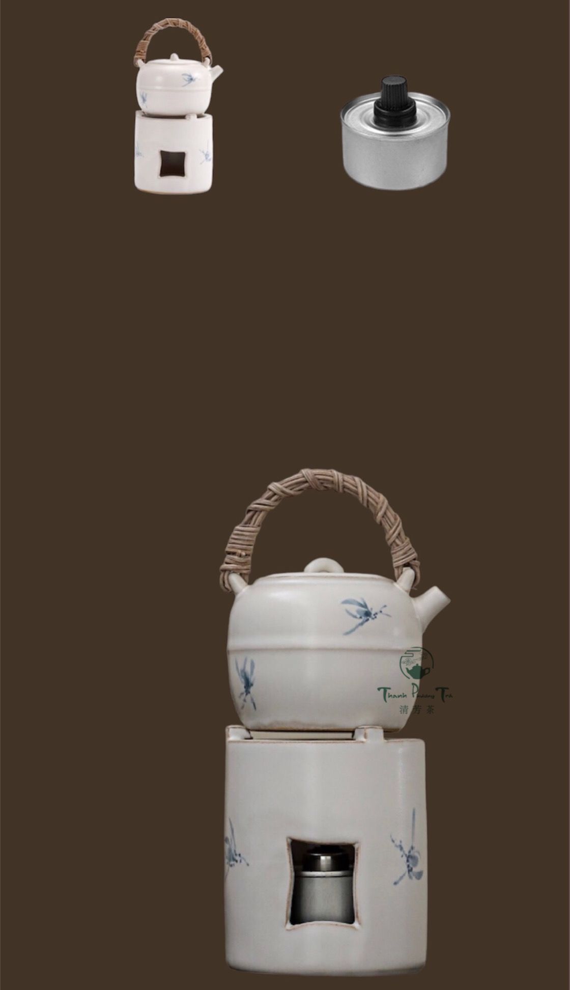  Bộ ấm & bếp lò đun/hâm nóng gốm trắng mini Hồ Điệp Lan Hoa vẽ tay 
