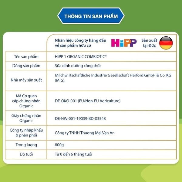 Sữa HiPP Organic Số 1 (800g) Cho Trẻ 0–6 Tháng Tuổi – Chính Hãng Tại Gia Phú Baby
