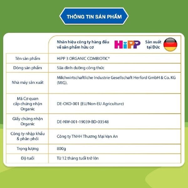Sữa HiPP Organic Số 3 800g Cho Bé 1-3 Tuổi – Dinh Dưỡng Chuẩn Hữu Cơ Từ Đức