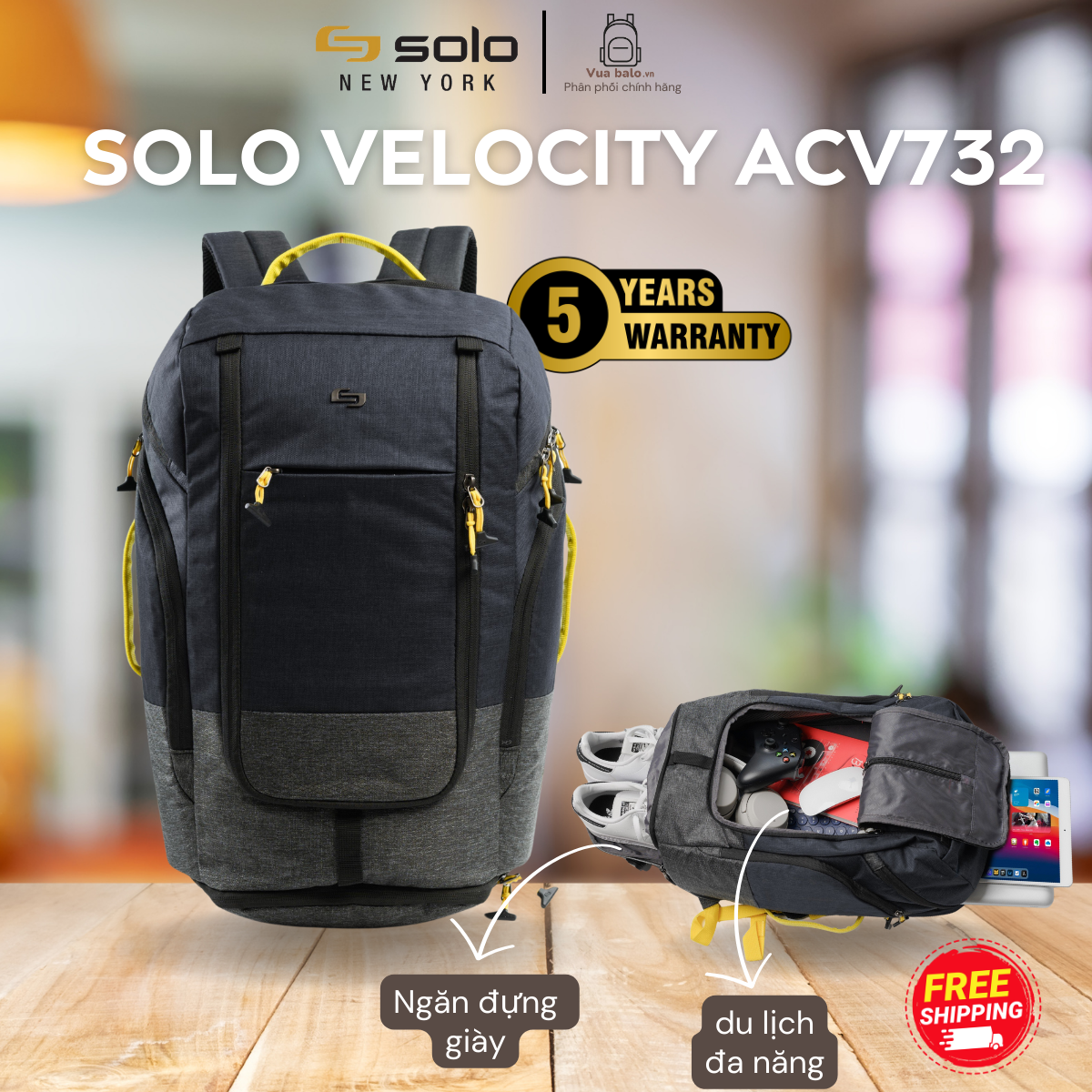  Balo Solo Velocity Max Backpack 17.3 inch - ACV732 . Phù hợp du lịch ngắn ngày . Nhiều ngăn tiện dụng và có Ngăn Đựng Giày Riêng - Chính hãng bảo hành 05 năm 