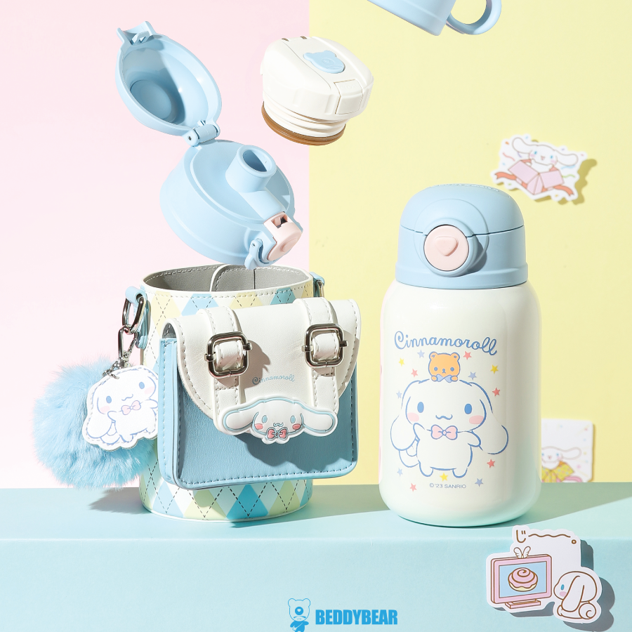  Bình giữ nhiệt Phiên bản GIỚI HẠN Chó Cinnamoroll Beddybear - Dung tích 530ml - 3 nắp thay thế - Túi đeo da cao cấp 