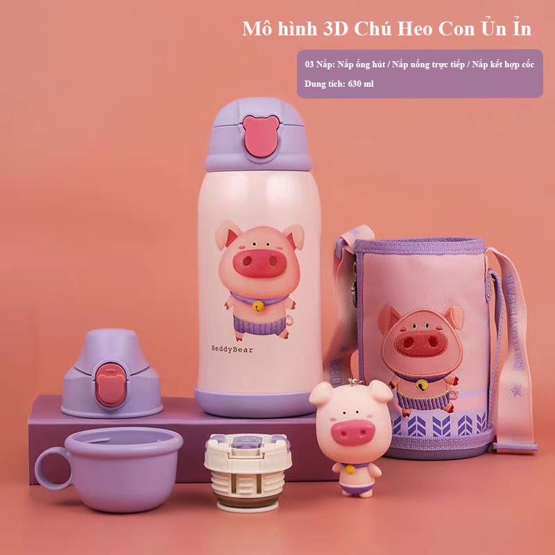  Bình giữ nhiệt Beddybear/ Beddy Bear hình con Heo cho bé trai, bé gái từ 2 tuổi-12 tuổi / mầm non / tiểu học, inox cao cấp 316 / dung tích 630ml / TẶNG kèm móc khoá / RT104-630-HEO 