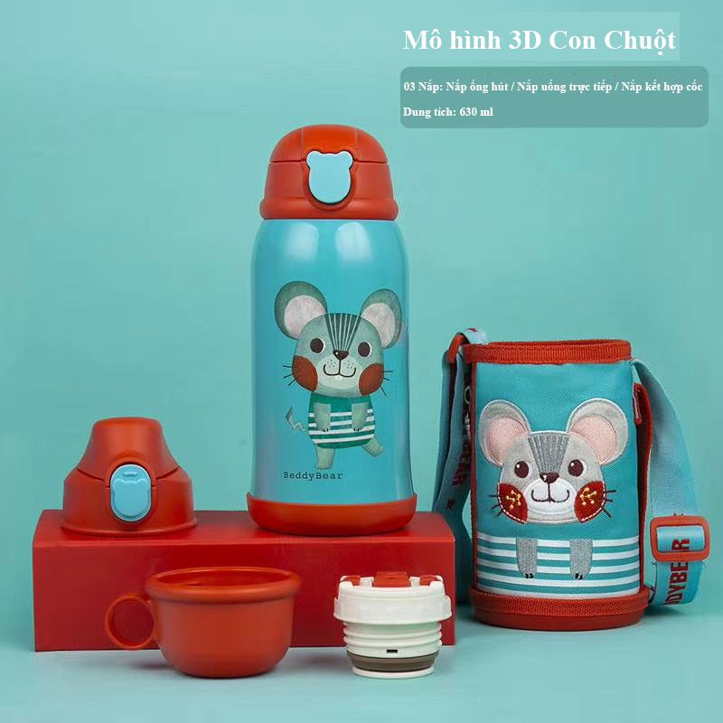  Bình giữ nhiệt Beddybear/ Beddy Bear hình con Chuột cho bé trai, bé gái từ 2 tuổi-12 tuổi / mầm non / tiểu học, inox cao cấp 316 / dung tích 630ml / TẶNG kèm móc khoá / RT104-630-CHUOT 