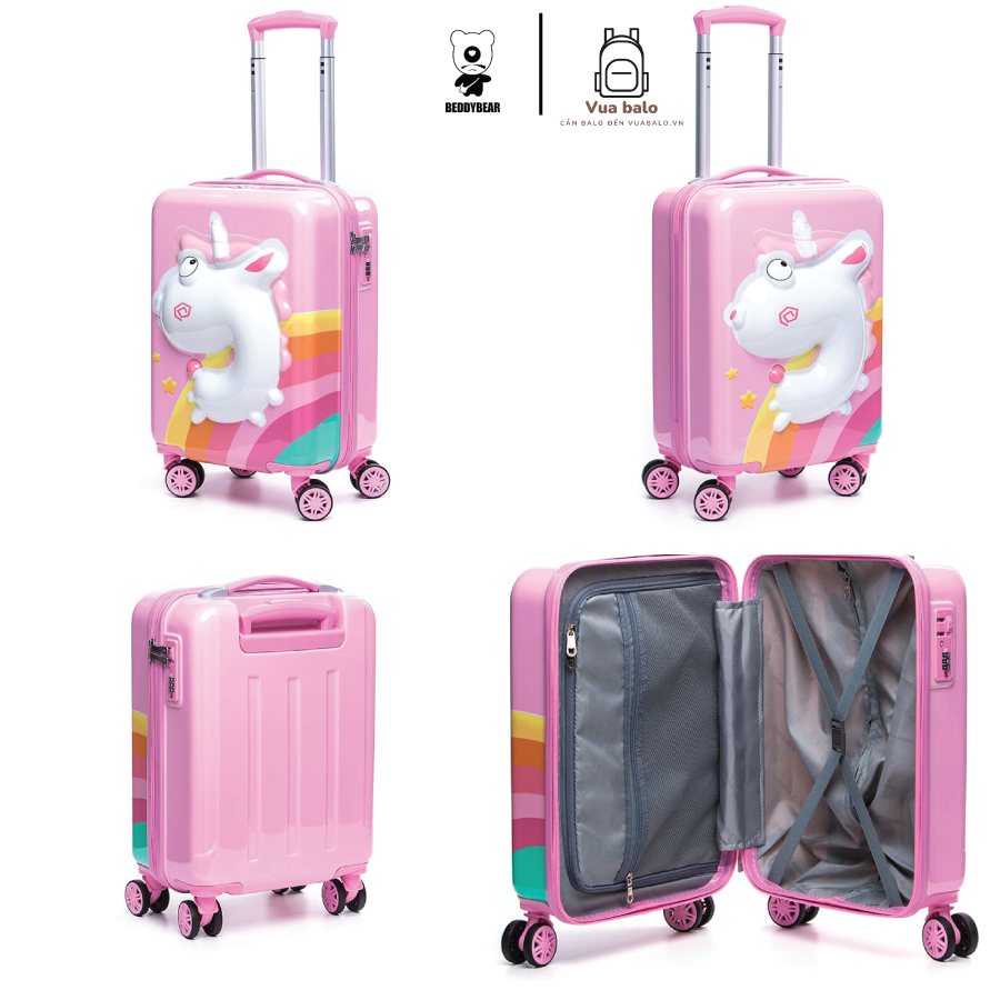  Vali kéo Du lịch trẻ em MCN Beddy Bear họa tiết Pony hồng Kỳ Lân cho bé gái - chống va đập - bánh xe xoay 360 độ - Khóa TSA cố định trên Vali - Bảo hành chính hãng 5 năm 