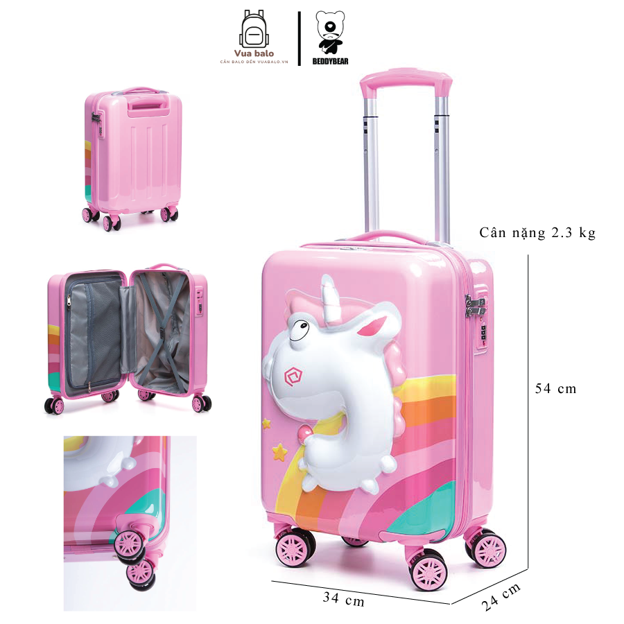  Vali kéo Du lịch trẻ em MCN Beddy Bear họa tiết Pony hồng Kỳ Lân cho bé gái - chống va đập - bánh xe xoay 360 độ - Khóa TSA cố định trên Vali - Bảo hành chính hãng 5 năm 