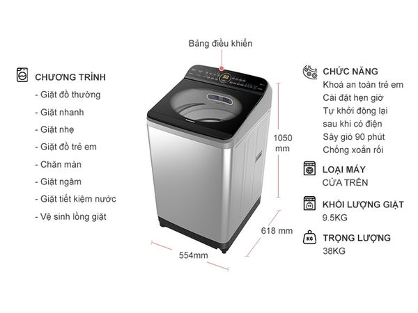 Máy giặt Panasonic Inverter 9.5 kg NA-FD95X1LRV lồng đứng