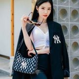  0398 - HÀNG CHÍNH HÃNG - TÚI MLB MONOGRAM HOBO BAG NEW YORK - ĐEN - CODE: 3ABQS012N-50BKS 
