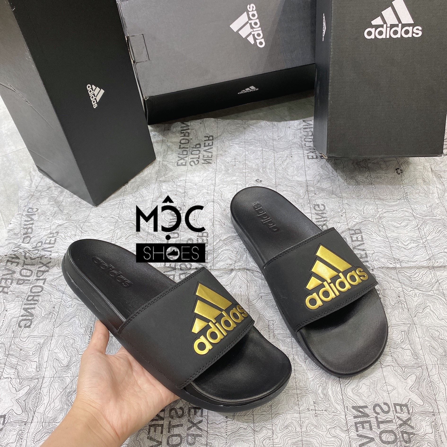  0329 - HÀNG CHÍNH HÃNG - DÉP ADIDAS CLOUDFOAM COMFORT - BIG LOGO - GOLD  (5) - Code: EG1850 