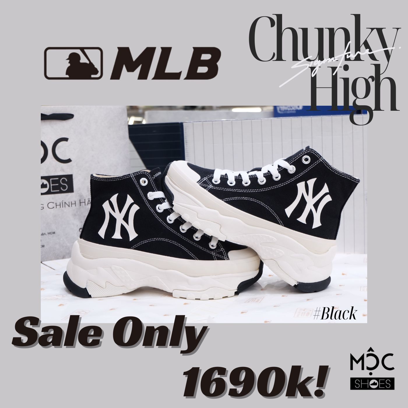  2380 - HÀNG CHÍNH HÃNG - GIÀY MLB CHUNKY HIGH -  CỔ CAO (MÀU ĐEN) - *BLACK/WHITE* - CODE: 32SHU1111-50L 