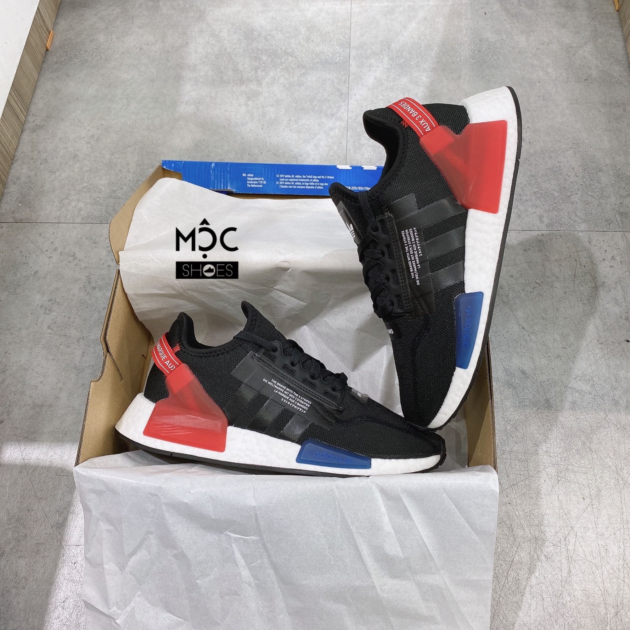  0254 - HÀNG CHÍNH HÃNG - GIÀY ADIDAS NMD (16) - R1V2 Đen Đế Trắng - 2 Cục Xanh Đỏ - MÀU ĐEN - *2022* 