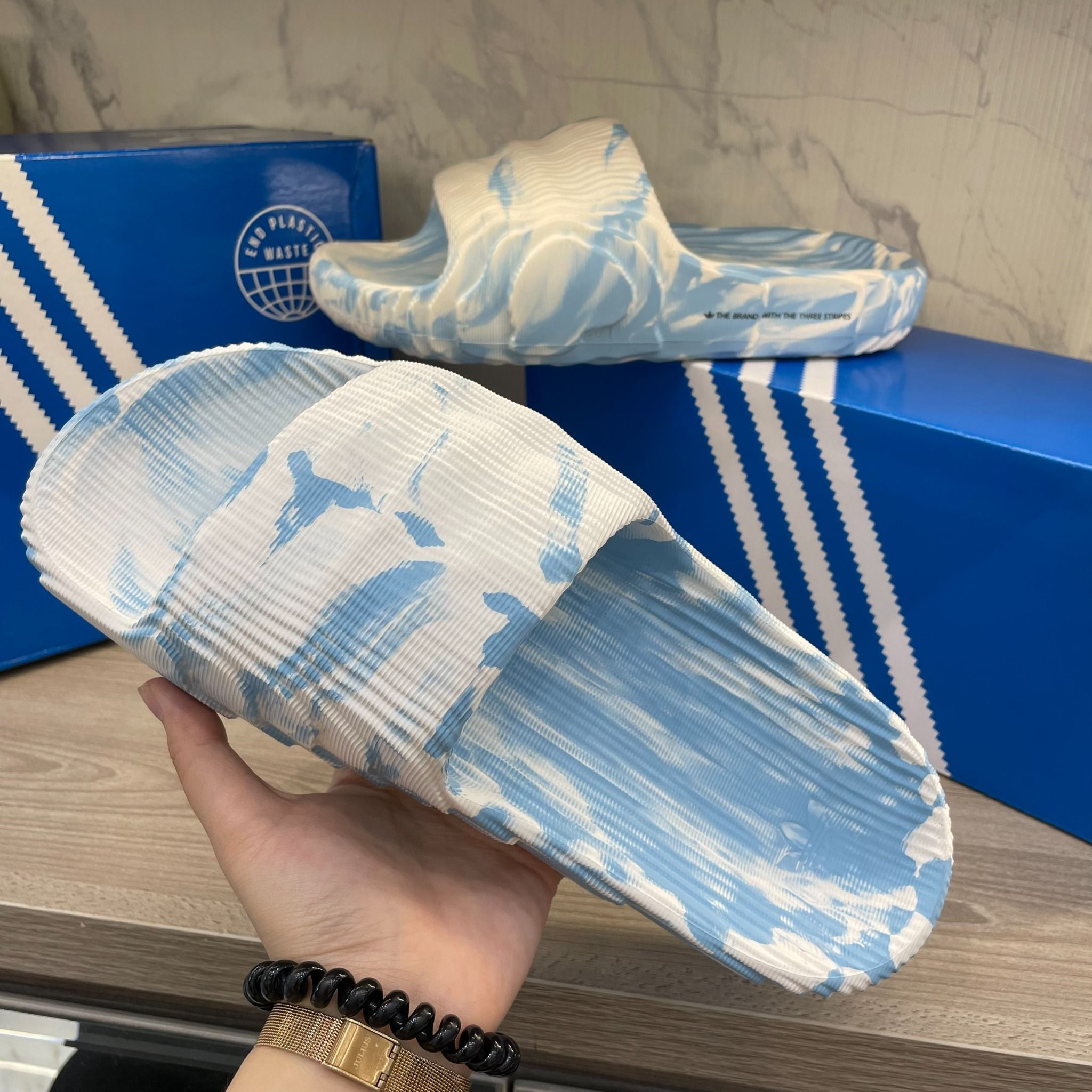  1015 - HÀNG CHÍNH HÃNG - DÉP ADIDAS 22 - BẬC THANG * Xanh Biển Loang Màu * - 