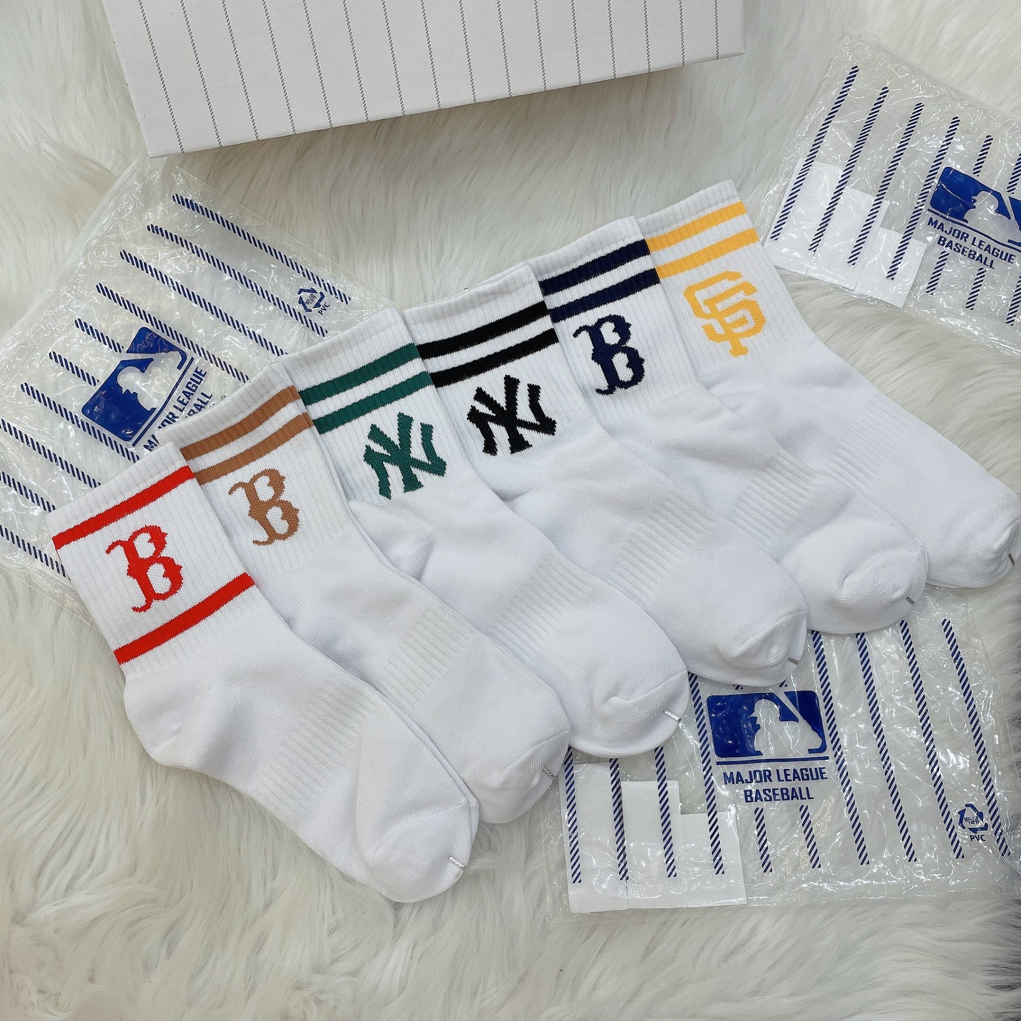  1273 - HÀNG CHÍNH HÃNG - VỚ TẤT KOREA X MLB CỔ LỬNG - ĐEN VER 2 [ 2023 ] - *WHITE 2 SỌC* 