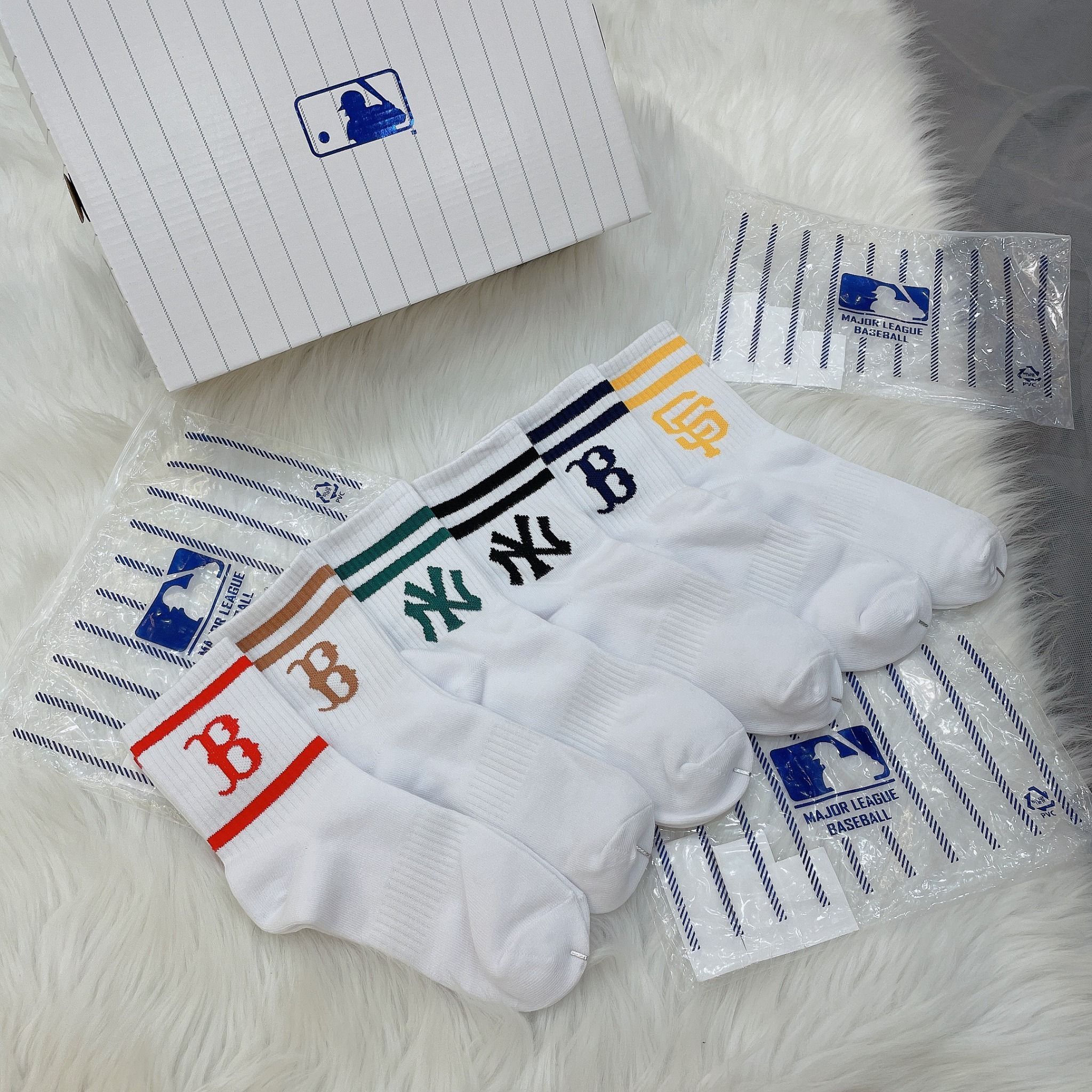  1279  - HÀNG CHÍNH HÃNG - VỚ TẤT KOREA X MLB CỔ LỬNG - VÀNG / VER 2 [ 2023 ] - *WHITE 2 SỌC* 