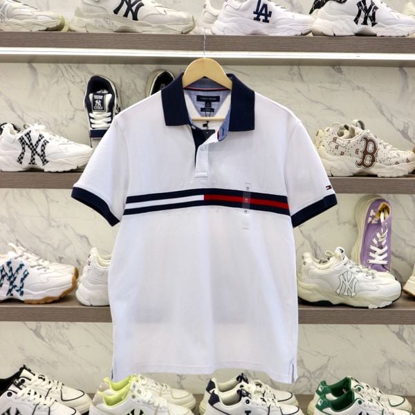  1141 - HÀNG CHÍNH HÃNG - ÁO Tommy - POLO - REGULAR FIT TOMMY BAR STRIPE  - TRẮNG 