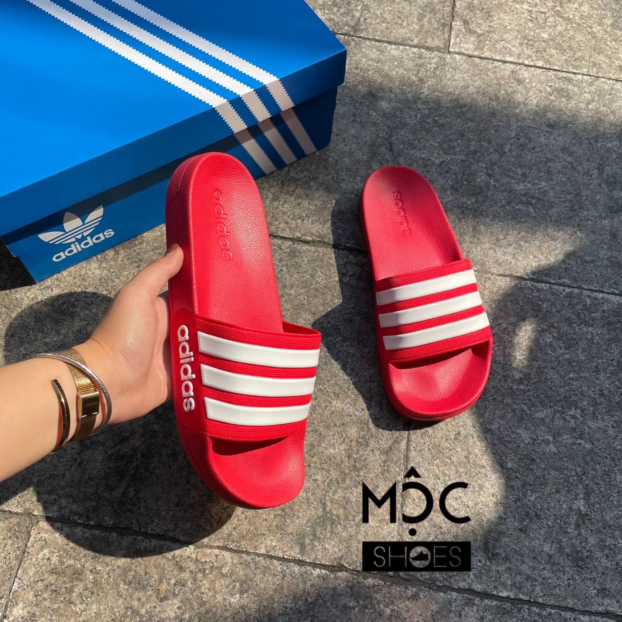  2055 - HÀNG CHÍNH HÃNG - DÉP ADIDAS LITE ĐỎ SỌC TRẮNG 