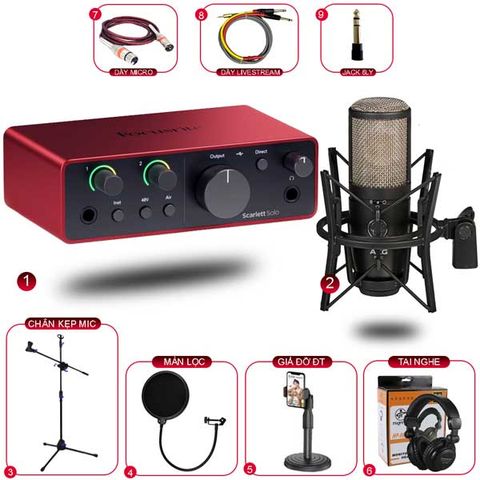 Combo Thu Âm Focusrite Solo Gen 4 và Micro AKG P220 Phụ Kiện Tốt