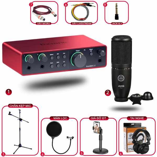 Combo Thu Âm Focusrite 2i2 4rd Gen Và Micro AKG P120 Phụ Kiện Xịn