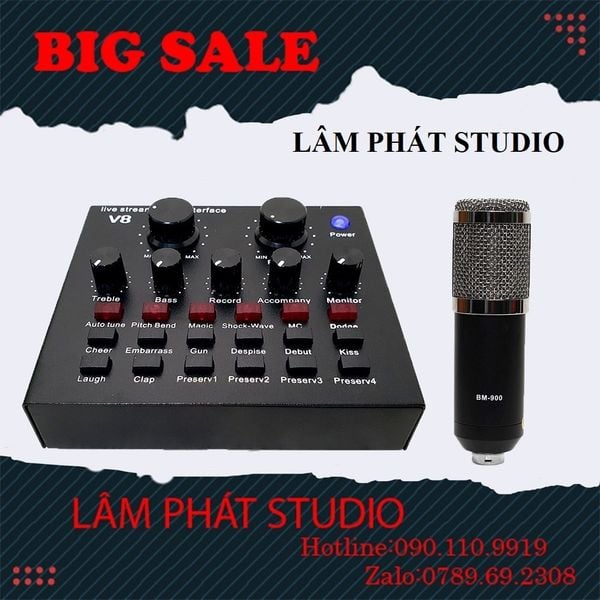 Combo Sound Card V8 Và Micro Thu Âm BM900
