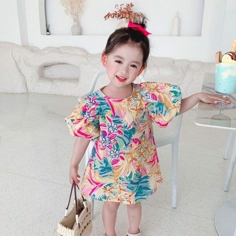 Váy dáng suông bé gái LOBY in họa tiết hoa lá V0401074