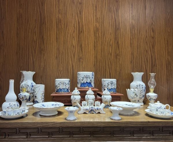  Bộ đồ thờ Cao cấp Bát Tràng Sen Chàm Vàng Kim Vẽ tay TĐSC010 