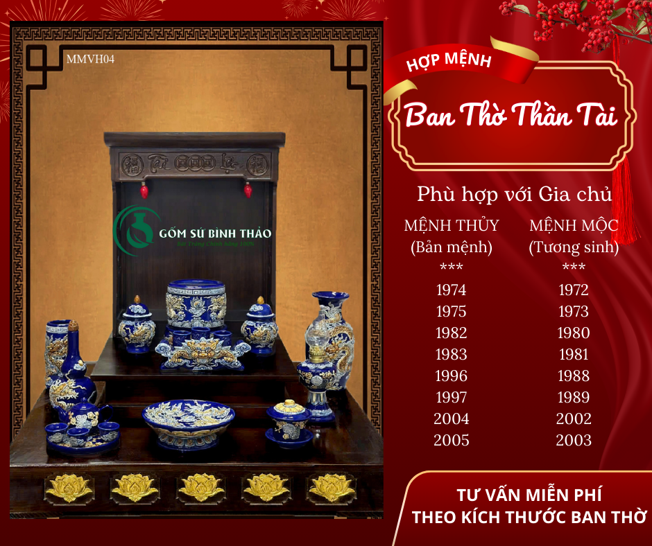  [Hợp mệnh THỦY - MỘC] Bộ đồ thờ Ban Thần Tài/ Bộ thờ Tài Địa Gốm sứ Bát Tràng 