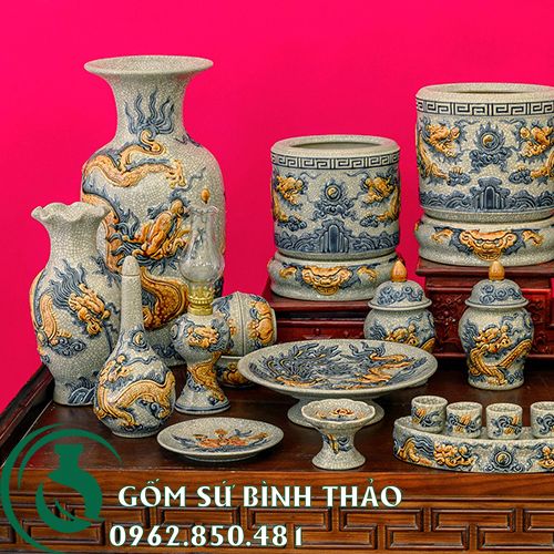 Bộ Đồ Thờ ban 1m97 Men Rạn Nổi Bát Tràng – Gốm sứ Bình Thảo