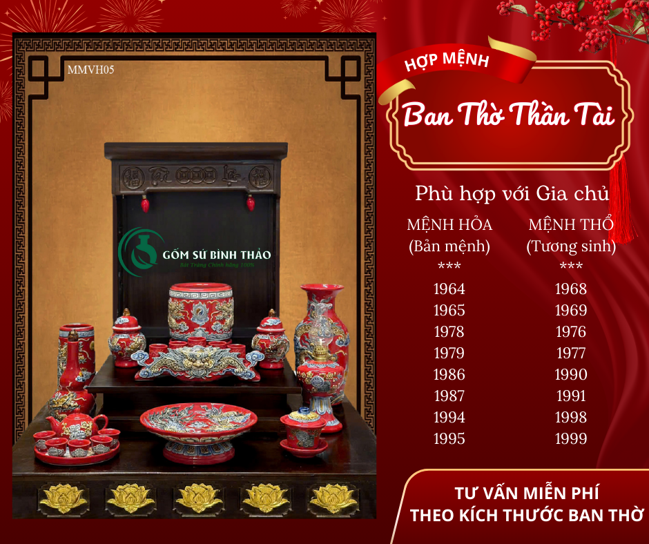  [Hợp mệnh HỎA - THỔ] Bộ đồ thờ Ban Thần Tài/ Bộ thờ Tài Địa Gốm sứ Bát Tràng 