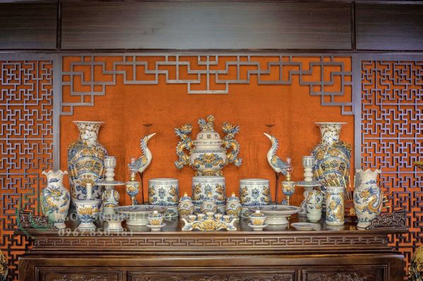  Đồ thờ gốm Bát Tràng đầy đủ men rạn đắp nổi, bộ đồ thờ gia tiên đầy đủ 3N4 