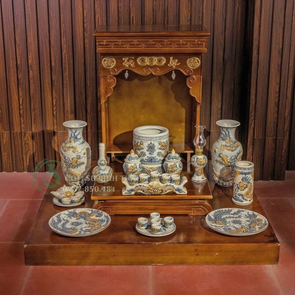  Bộ đồ thờ thần tài Bát Tràng men rạn đắp nổi 3N6 