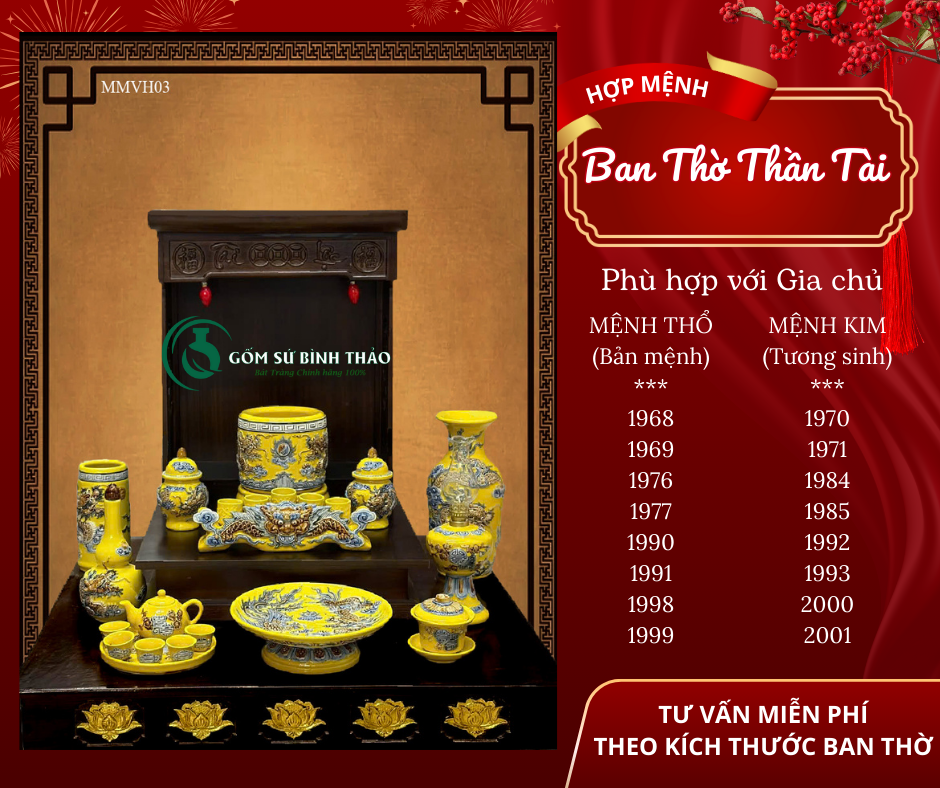  [Hợp mệnh THỔ - KIM] Bộ đồ thờ Ban Thần Tài/ Bộ thờ Tài Địa Gốm sứ Bát Tràng 