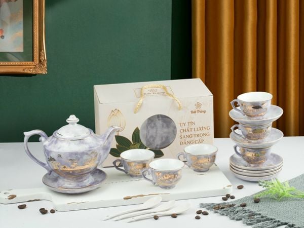  Ấm chén Vân đá Vẽ Vàng - Họa tiết Làng Quê Việt Nam 