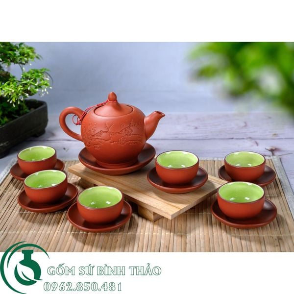  Bộ ấm trà chóp khắc đào tử sa Bát Tràng 