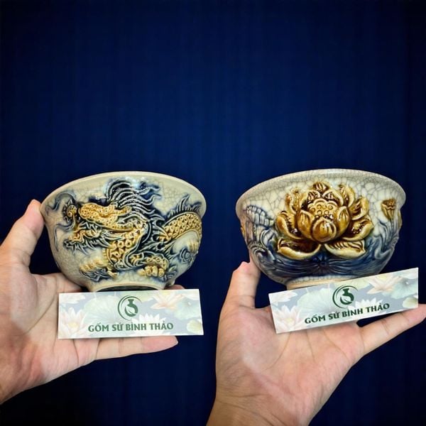  Bát cơm thờ men rạn đắp nổi Bát Tràng DAV 