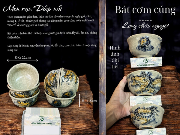  Bát cơm thờ men rạn đắp nổi Bát Tràng DAV 