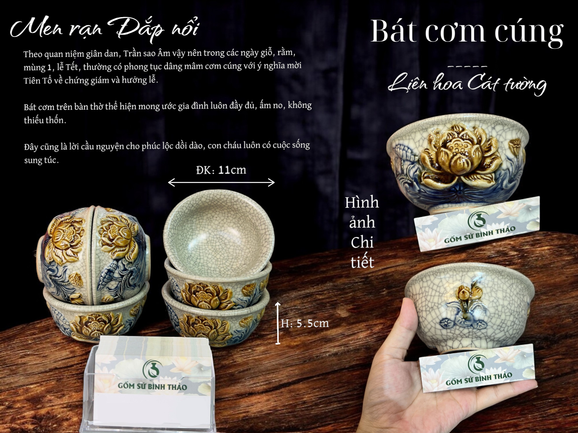  Bát cơm thờ men rạn đắp nổi Bát Tràng DAV 
