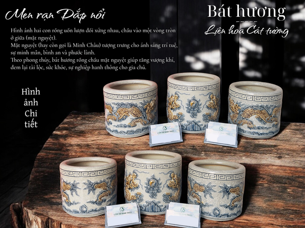  Bát hương họa tiết Rồng Men rạn Đắp nổi PA 