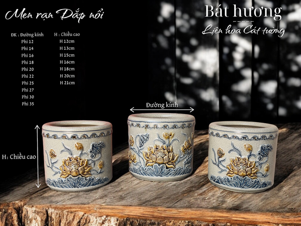  Bát hương họa tiết hoa Sen Men rạn Đắp nổi PA 