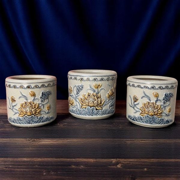  Bát hương họa tiết hoa Sen Men rạn Đắp nổi PA 